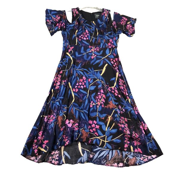 Maeve Elia Dress Womens Size 4 Navy Blue‎ Pink Fit Flare Cold Shoulder Floral - Picture 1 of 14